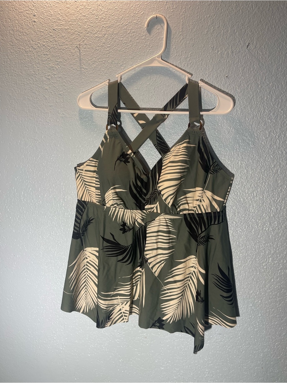 Kona Sol Olive Green & Cream Tropical Crisscross Swim Top